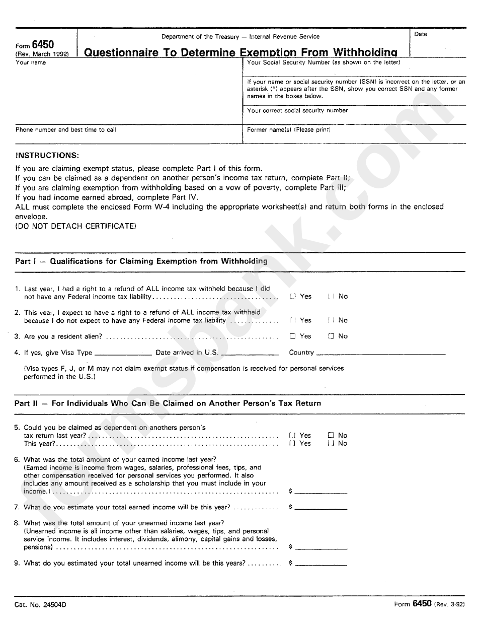Form 6450 - Questionnaire To Determine Exemption From Withholding