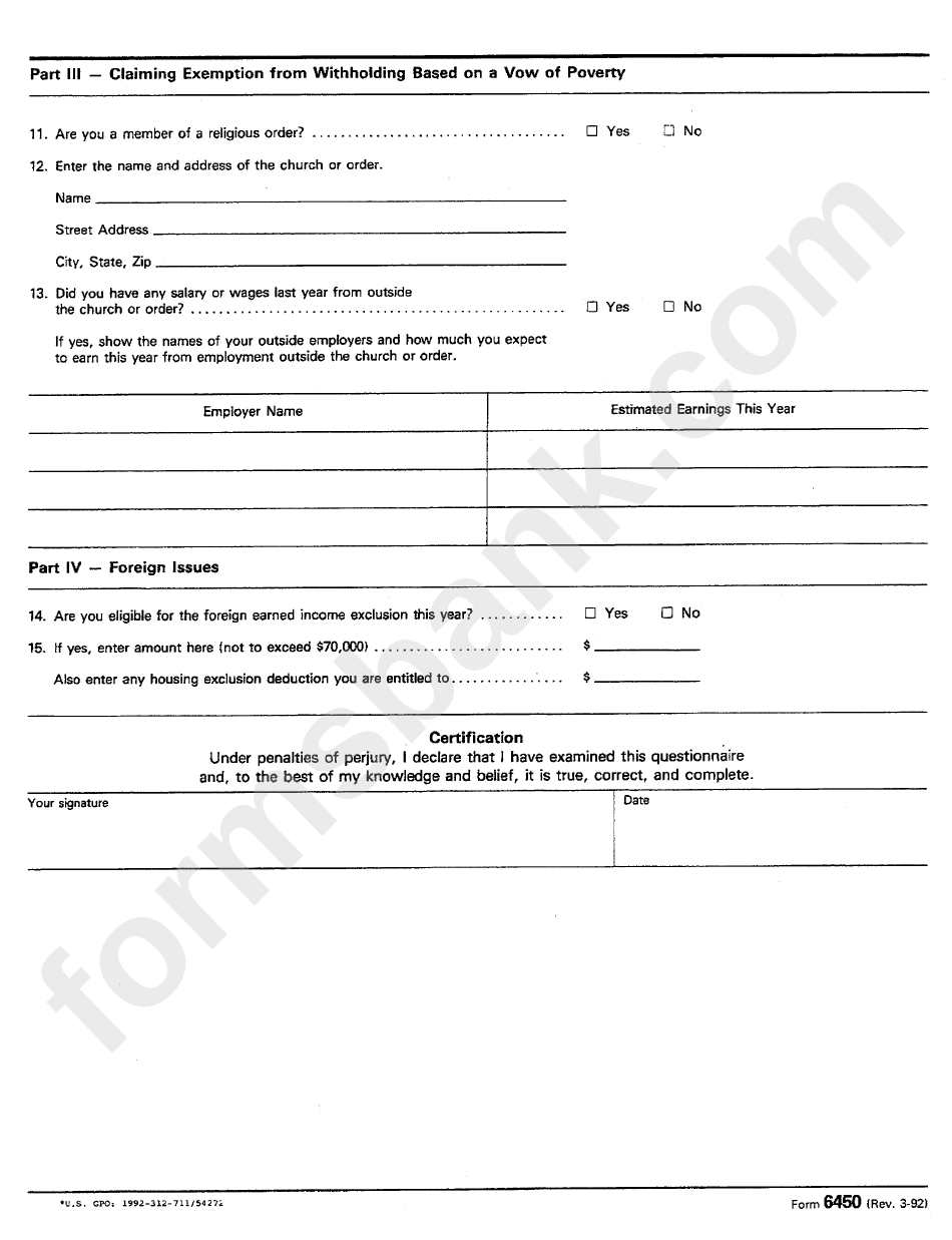Form 6450 - Questionnaire To Determine Exemption From Withholding