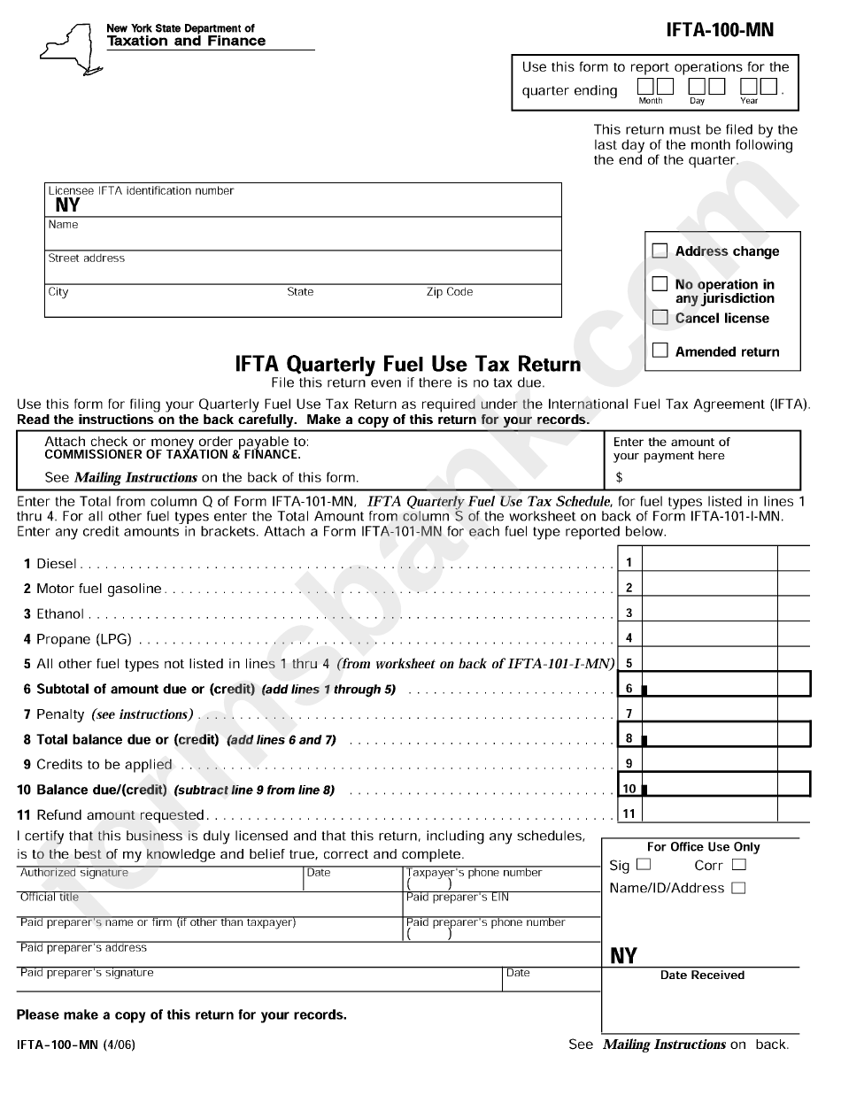 Form Ifta 100 Mn Ifta Quarterly Fuel Use Tax Return Printable Pdf Download