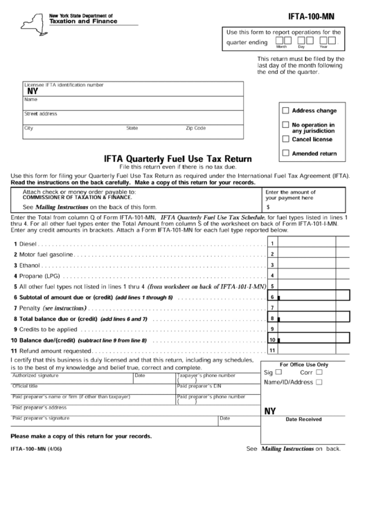 Form Ifta -100-Mn - Ifta Quarterly Fuel Use Tax Return Printable pdf