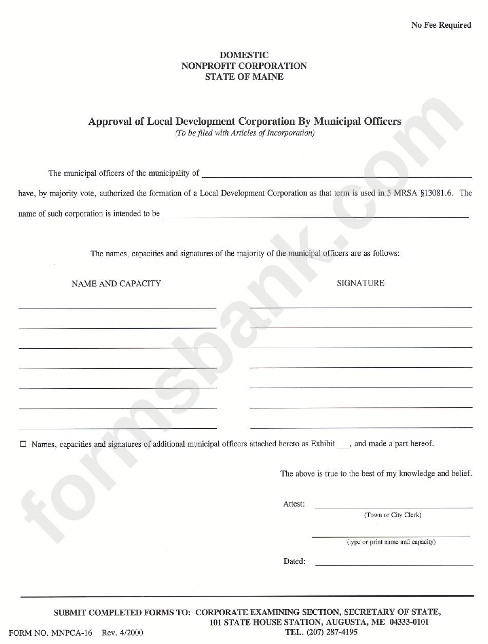 Form Mnpca-16 - Fpproval Form For Local Development Corporation By Municipal Officers