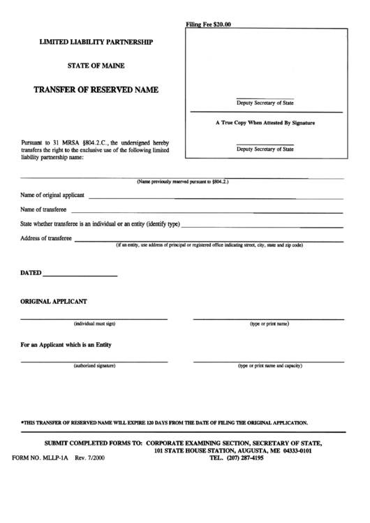 Form Mllp-Ia - Transfer Of Reserved Name Form - Llp Printable pdf