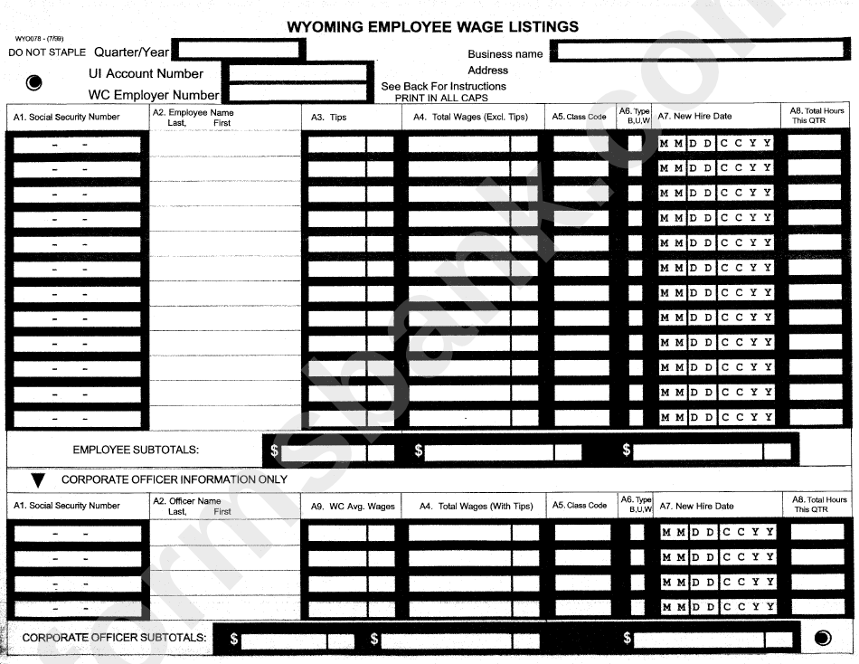 Form Wyo078 - Employee Wage Listings Form
