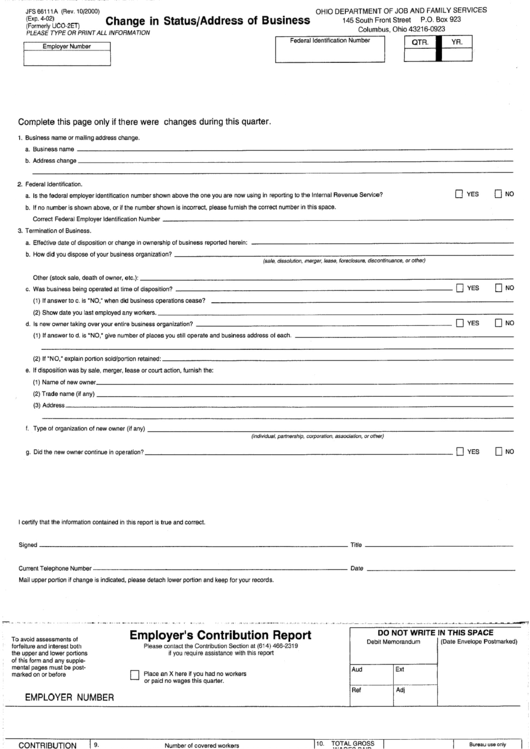 Form For Change In Status/address Of Business Printable pdf
