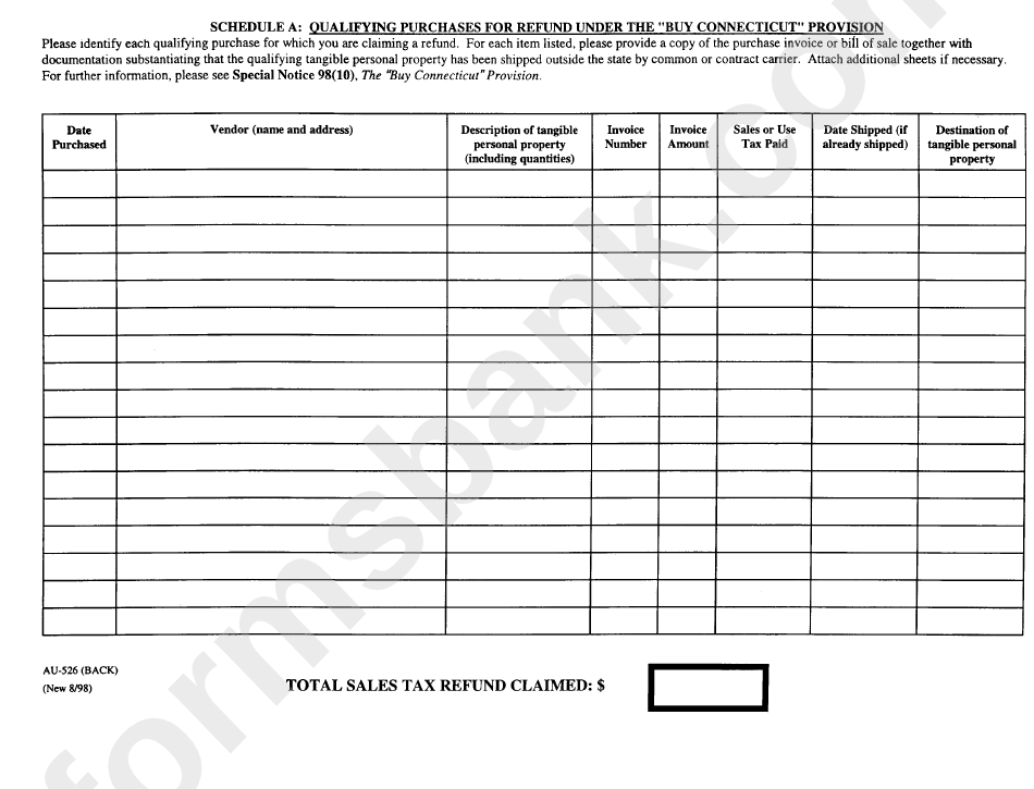 Form Au-526 - Sales And Use Tax Refund Application Form For Purchases Made Under The "Buy Connecticut" Provision