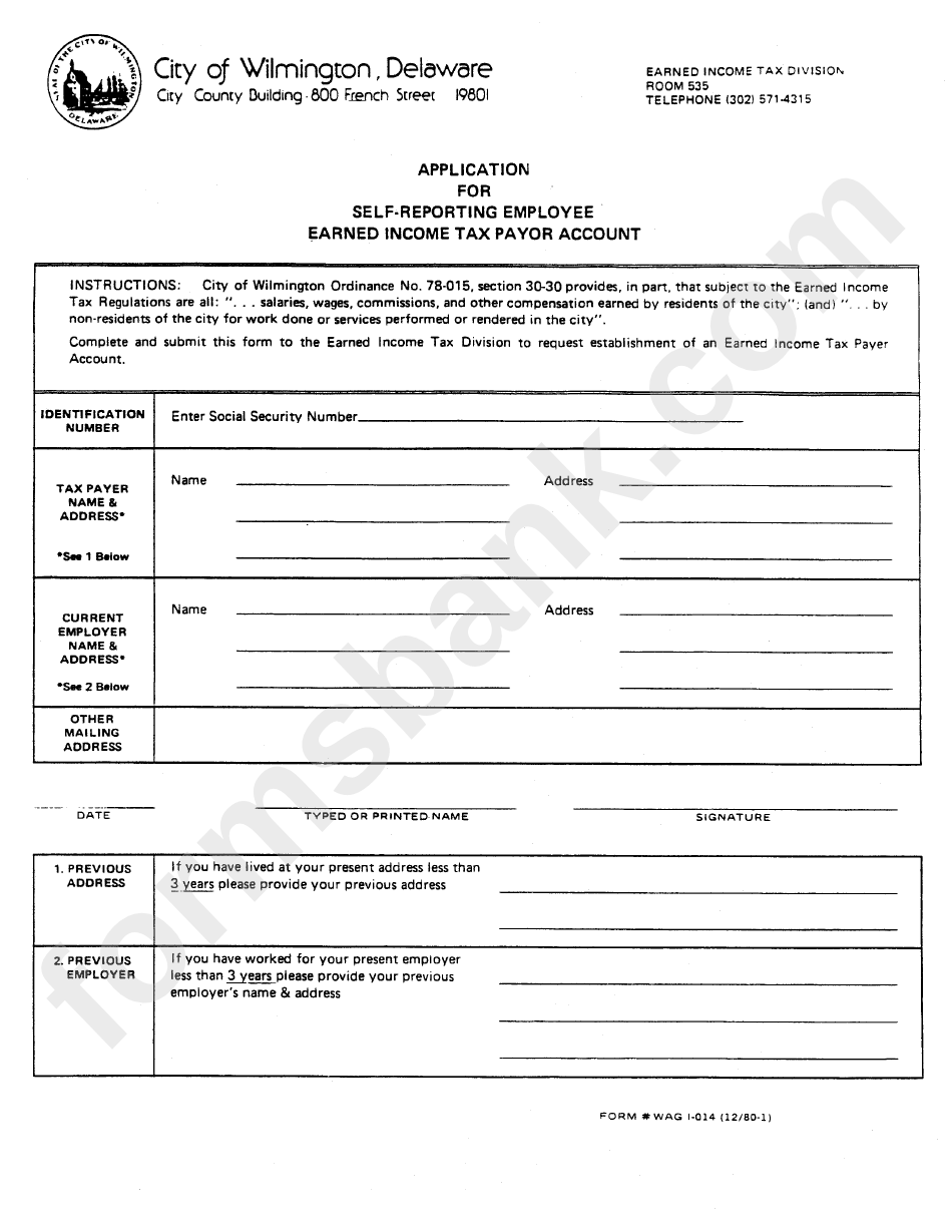 Application Form For Self-Reporting Employee Earned Income Tax Payor Account