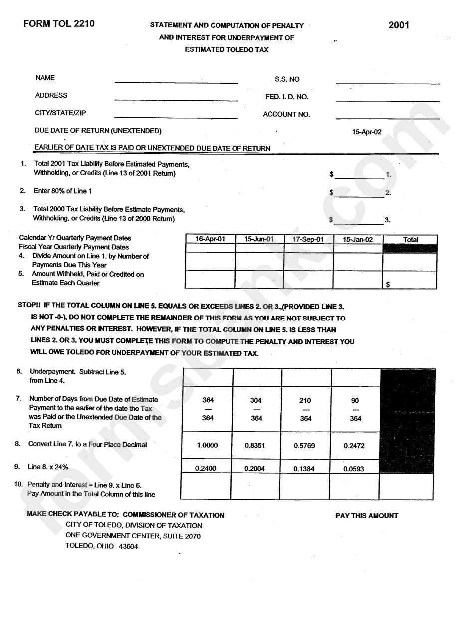 Form Tol-2210 - Statement And Computation Of Penalty And Interest For Underprayment Of Estimated Toledo Tax Form - State Of Ohio