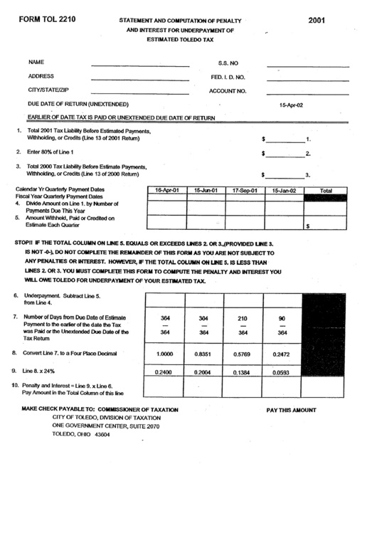 Form Tol-2210 - Statement And Computation Of Penalty And Interest For Underprayment Of Estimated Toledo Tax Form - State Of Ohio Printable pdf