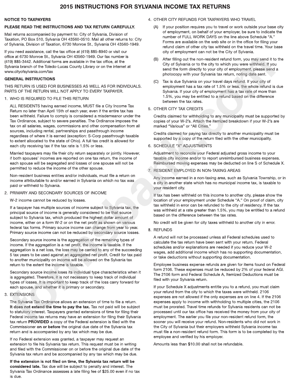 Individual Instructions Sheet For Income Tax Returns - Sylvania - 2015