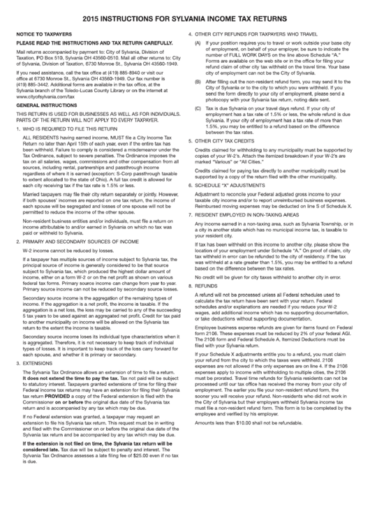 Individual Instructions Sheet For Income Tax Returns - Sylvania - 2015 Printable pdf