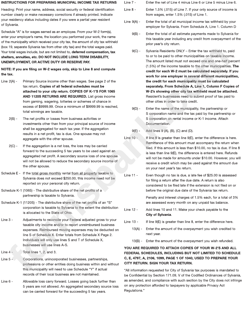 Individual Instructions Sheet For Income Tax Returns - Sylvania - 2015