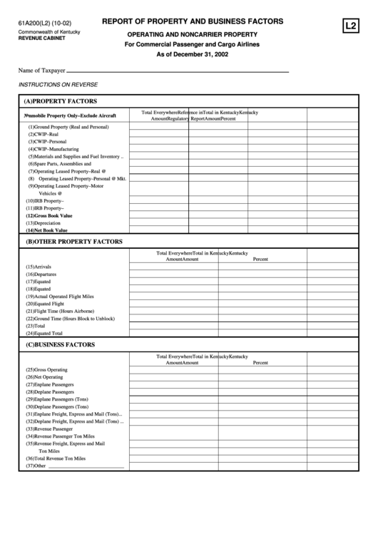 Form 61a200(L2) - Report Of Property And Business Factors Form - State Of Kentucky Printable pdf