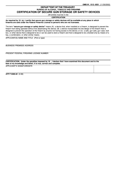 Form Omb No. 1512-0551 - Certification Of Secure Gun Storage Or Safety Devices Printable pdf