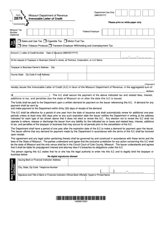 Fillable Form 2879 - Irrevocable Letter Of Credit Form - State Of Missouri Printable pdf