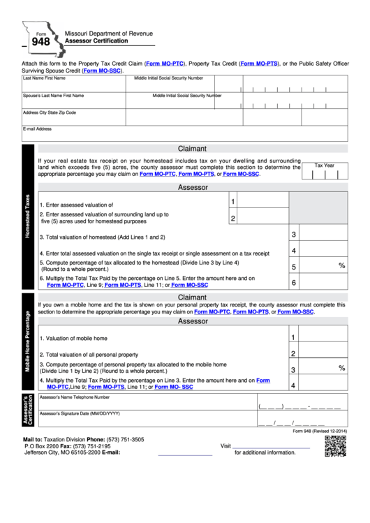 Fillable Form 948 - Assessor Certification - 2014 Printable pdf