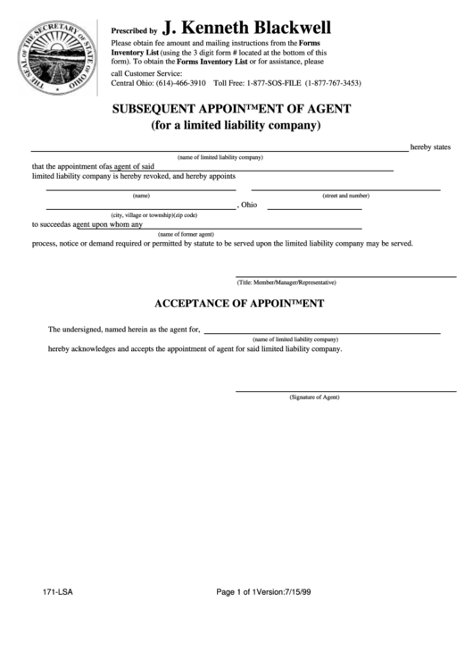 Form 171-Lsa - Subsequent Appointment Of Agent - State Of Ohio Printable pdf