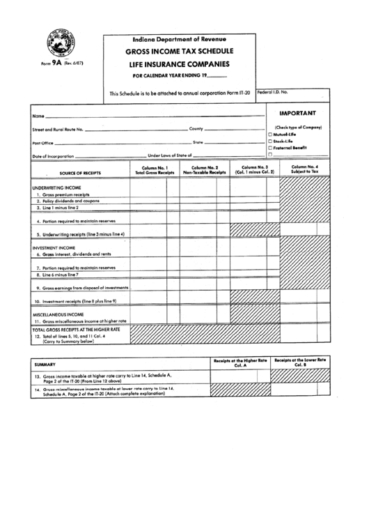 Form 9a - Fross Income Tax Schefule Life Insurance Companies - State Of Indiana Printable pdf