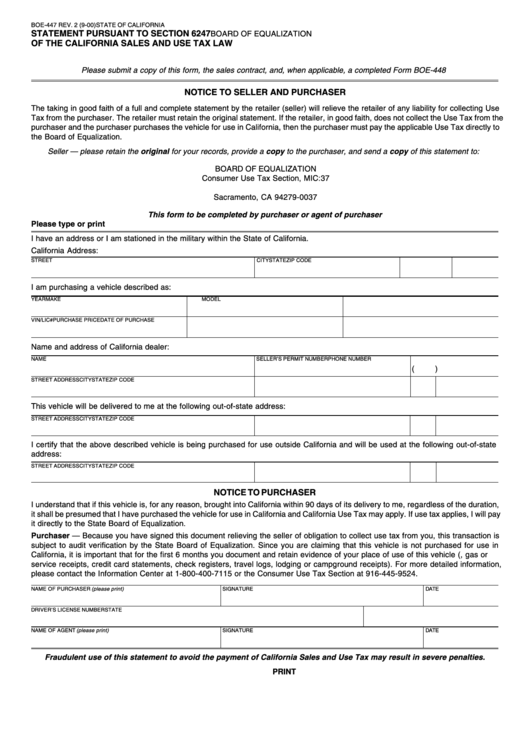 Fillable Form Boe-447 - Statement Pursuant To Section 6247 Of The California Sales And Use Tax Law Printable pdf