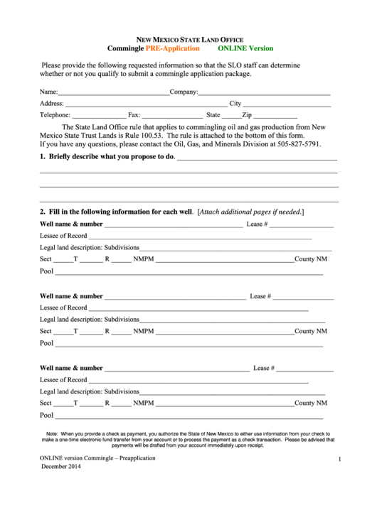 Fillable Commingle Pre-Application Form - 2014 Printable pdf