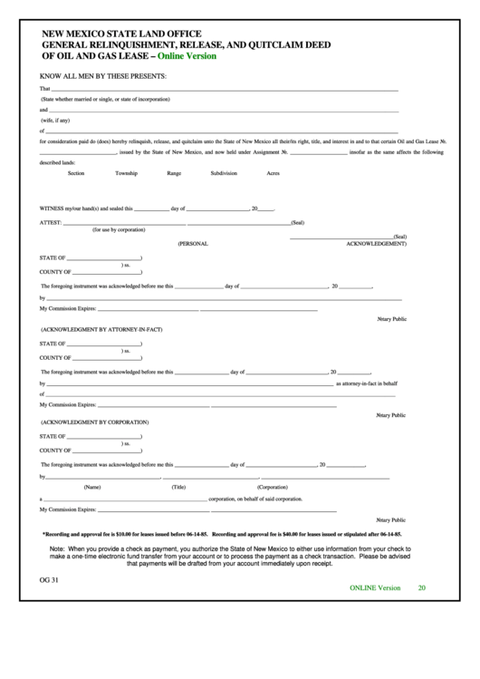General Relinquishment, Release, And Quitclaim Deed Of Oil And Gas Lease Form - 2014 Printable pdf