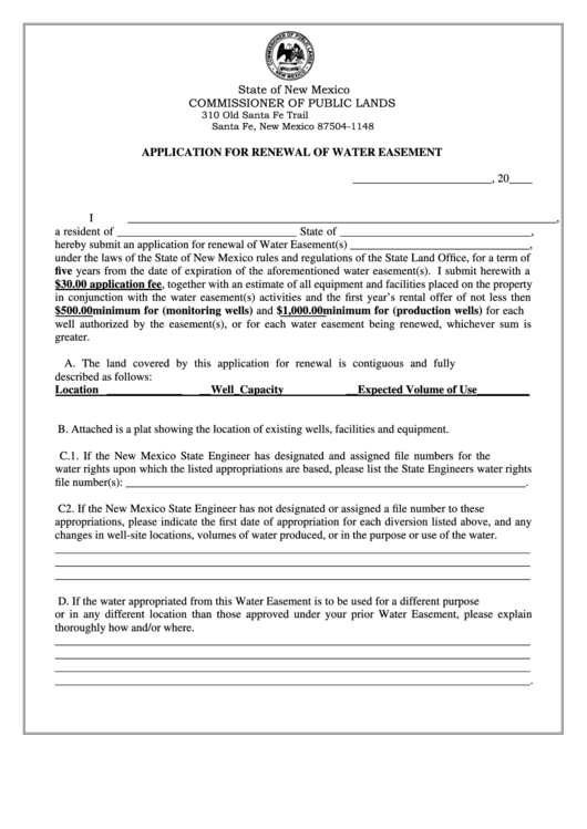 Fillable Application For Renewal Of Water Easement Form Printable pdf
