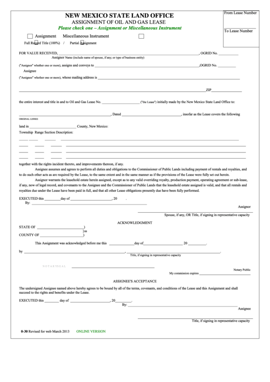 Fillable Assignment Of Oil And Gas Lease Form - 2013 Printable pdf