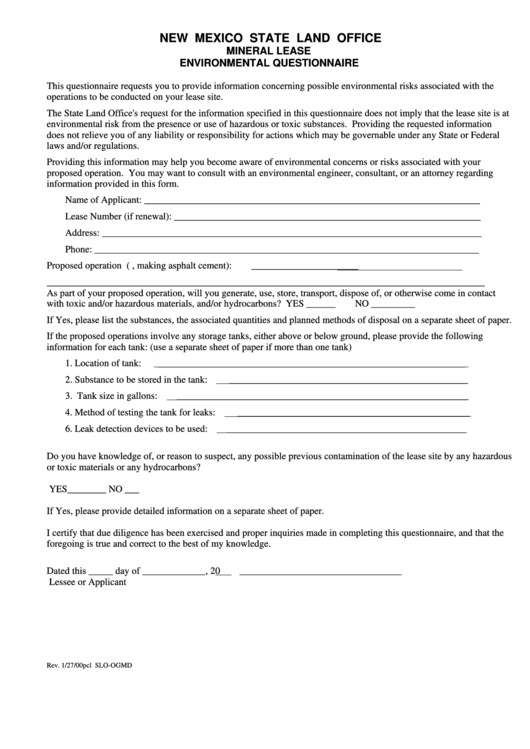 Environmental Questionnaire Form - Mineral Lease - 2000 Printable pdf