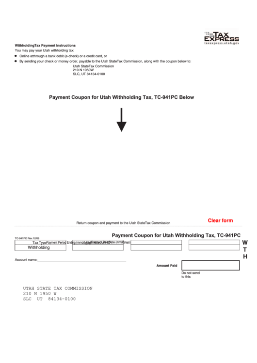 Fillable Form Tc-941pc - Payment Coupon For Utah Withholding Tax - Utah (2009) Printable pdf