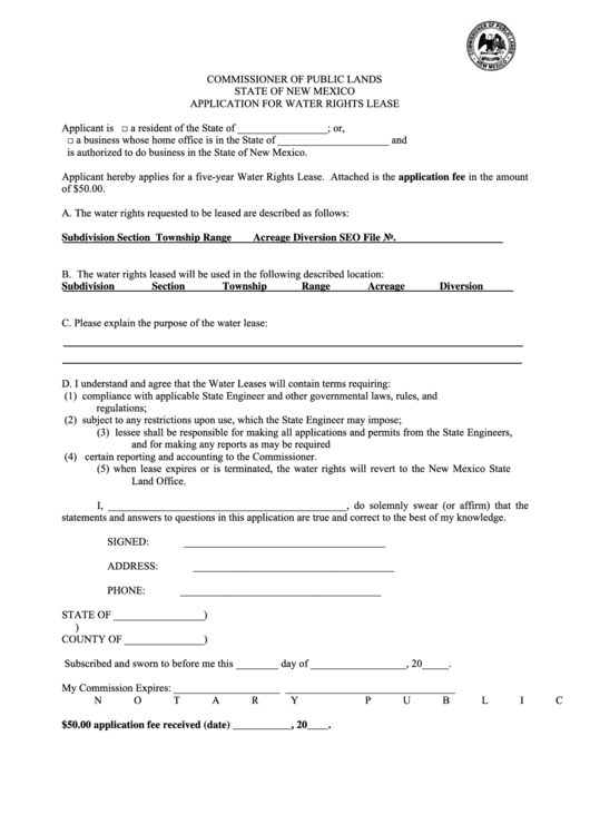 Fillable Application For Water Rights Lease Form Printable pdf