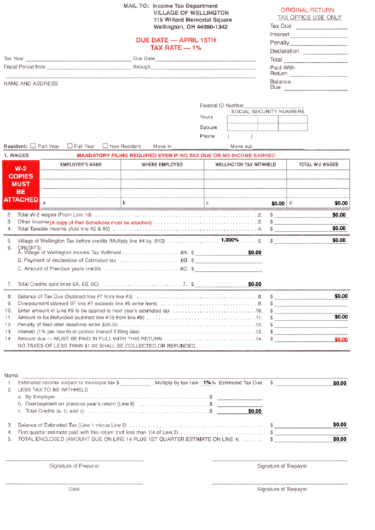 Fillable Orriginal Tax Return Form - Village Of Wellington Income Tax Department Printable pdf