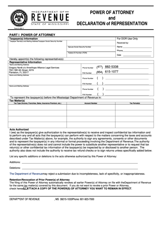 Fillable Form 21-002 - Power Of Attorney And Declaration Of Representation Printable pdf