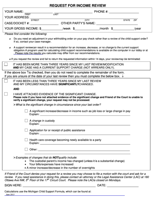Request For Income Review Form - 2013 Printable pdf