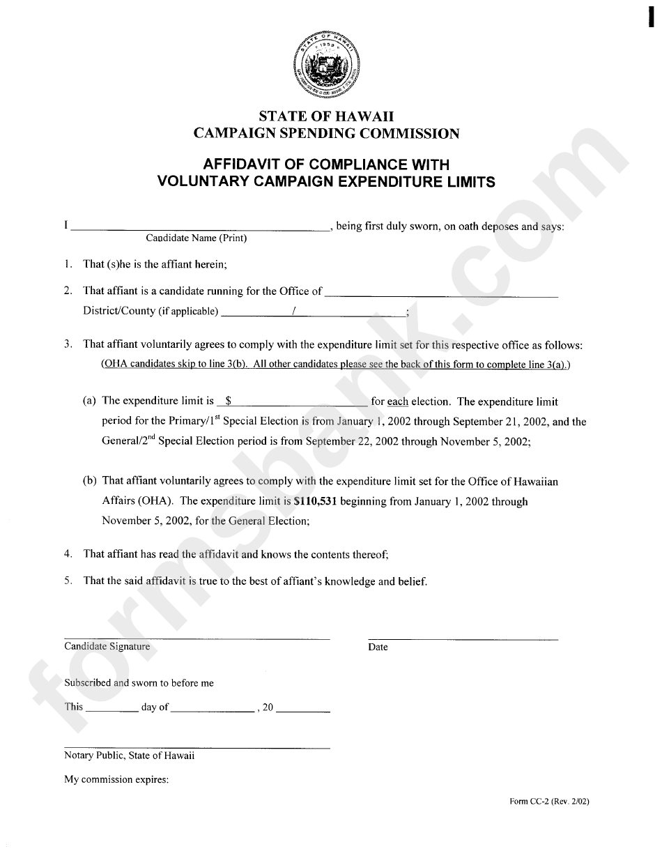 Affidavit Form Of Compliance With Voluntary Camaign Expenditure Limits - State Of Hawaii