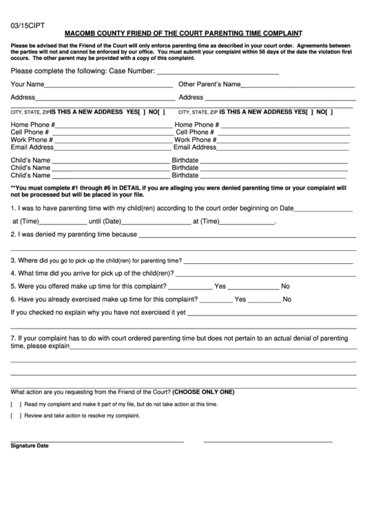 Macomb County Friend Of The Court Parenting Time Complaint Printable pdf
