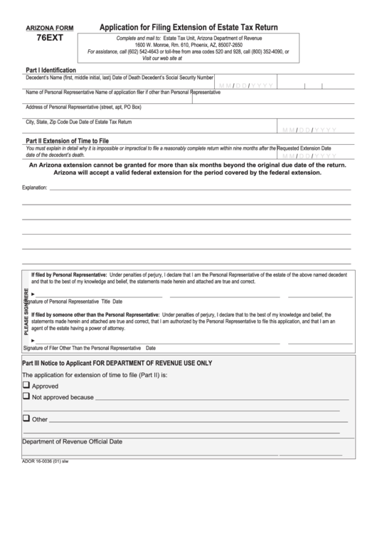 Form 76ext - Application For Filing Extension Of Estate Tax Return - State Of Arizona Printable pdf