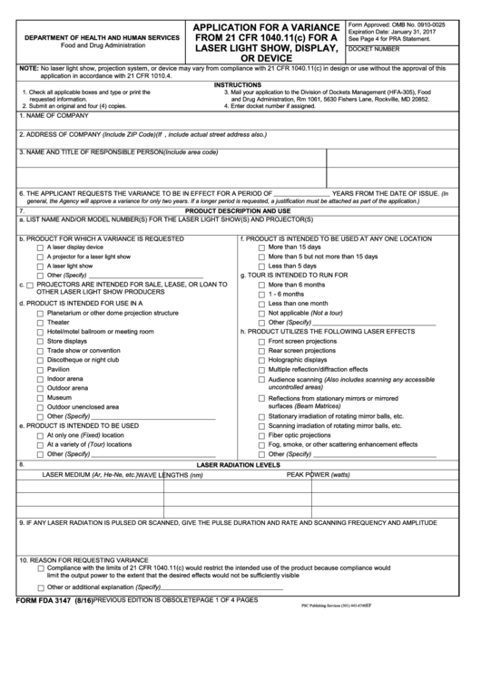 Fillable Form Fda 3147 - Application For A Variance Printable pdf