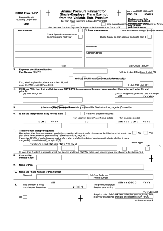 Form 1-Ez - Annual Premium Payment For 2 0 0 1 From The Variable Rate Premium Single-Employer Plans Exempt Printable pdf