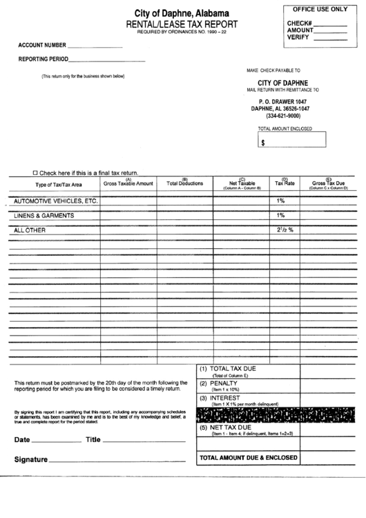 Rental/lease Tax Report Form - State Of Alabama Printable pdf