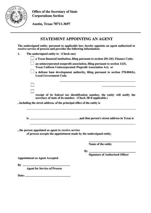 Statement Appointing An Agent Form - State Of Texas Printable pdf