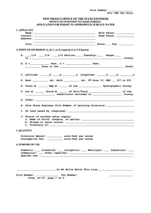 Fillable Form Wr-15 - Notice Of Intention To Make Formal Application For Permit To Appropriate Surface Water Printable pdf