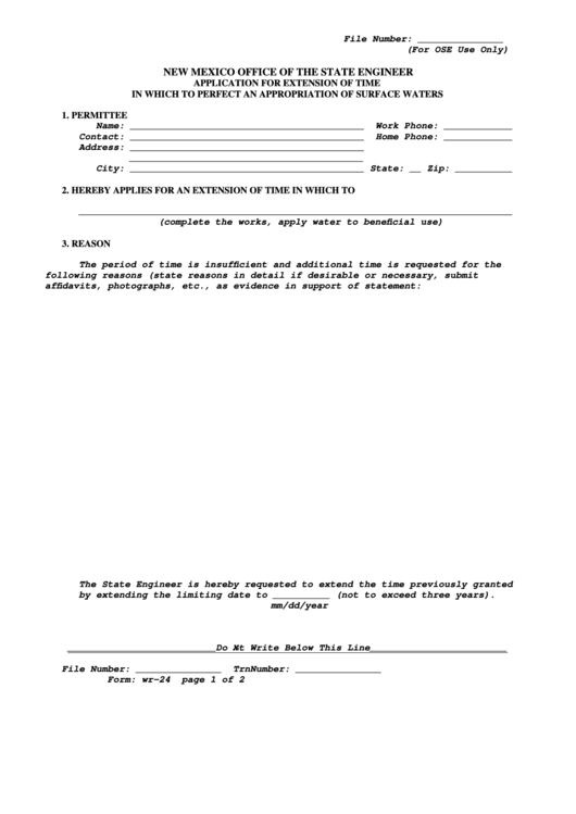 Fillable Form Wr-24 - Application For Extension Of Time In Which To Perfect An Appropriation Of Surface Waters Printable pdf