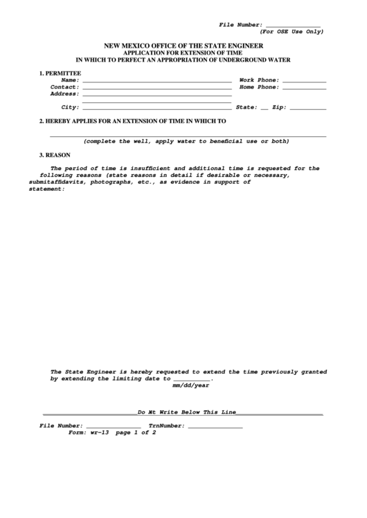 Fillable Form Wr-13 - Application For Extension Of Time In Which To Perfect An Appropriation Of Underground Water Printable pdf
