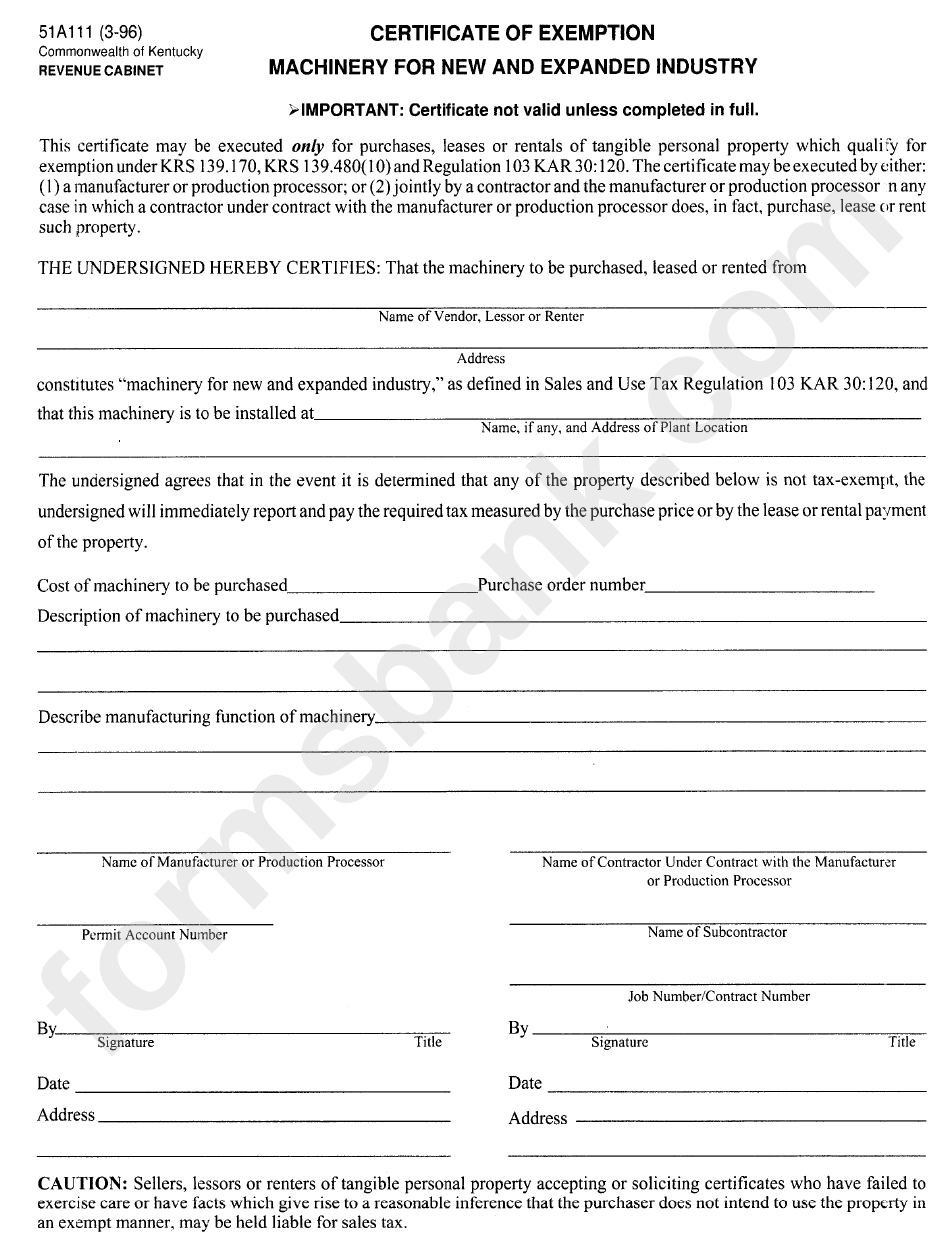 Form 51a111 Certificate Of Exemption Machinery For New And Expanded 