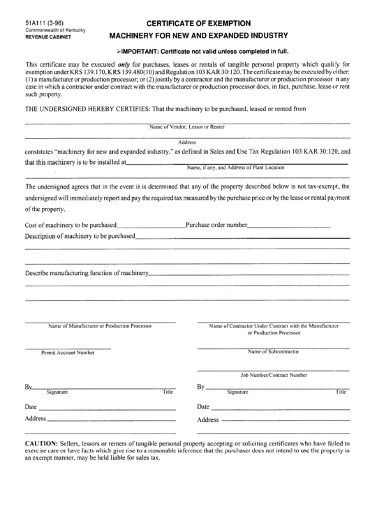 Form 51a111 - Certificate Of Exemption Machinery For New And Expanded Industry - State Of Kentucky Printable pdf