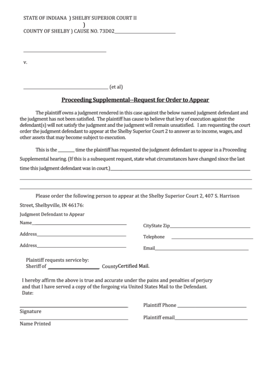 Fillable Request For Order To Appear Form - Proceeding Supplemental Printable pdf