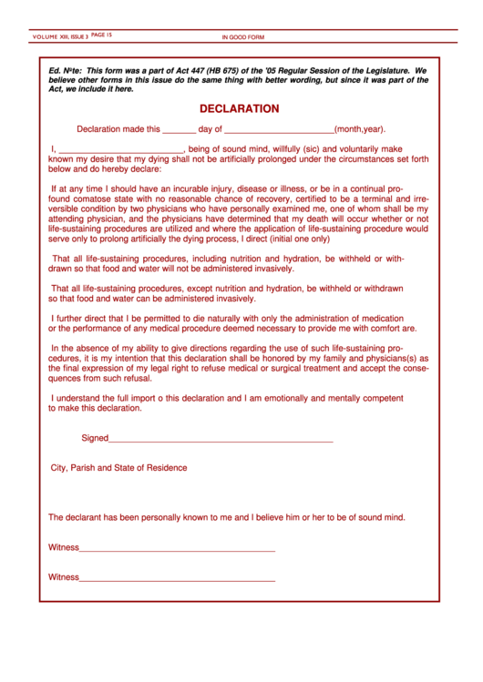 Living Will Declaration Form - 2005 Printable pdf