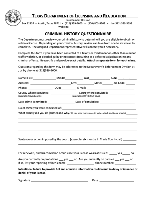 Criminal History Questionnaire Form Printable pdf