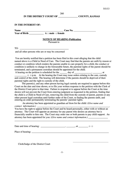Notice Of Hearing Form - 2013 Printable pdf