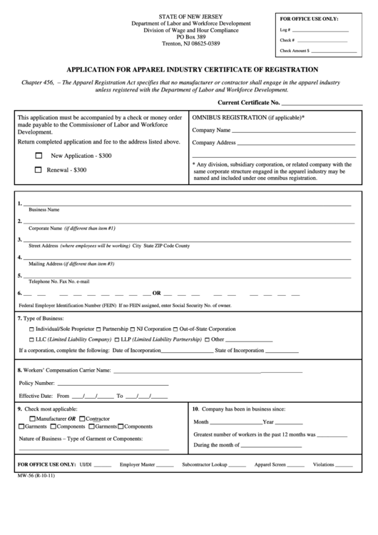 Form Mw-56 - Application For Apparel Industry Certificate Of Registration - 2011 Printable pdf