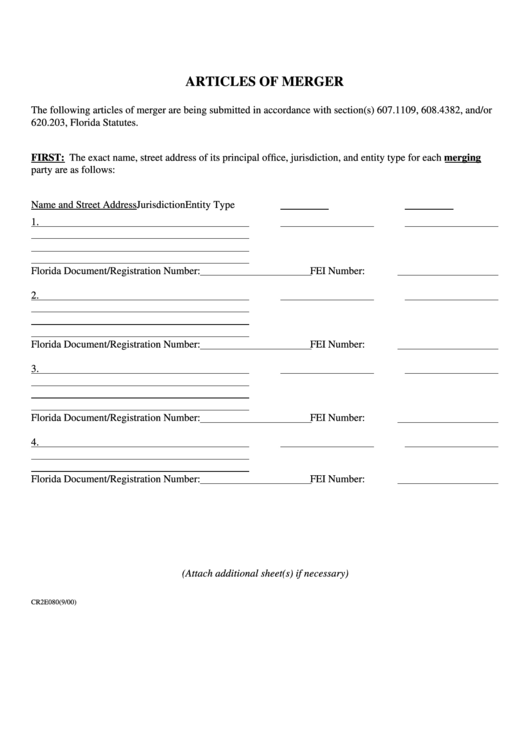 Form Cr2e080 - Articles Of Merger - State Of Florida Printable pdf